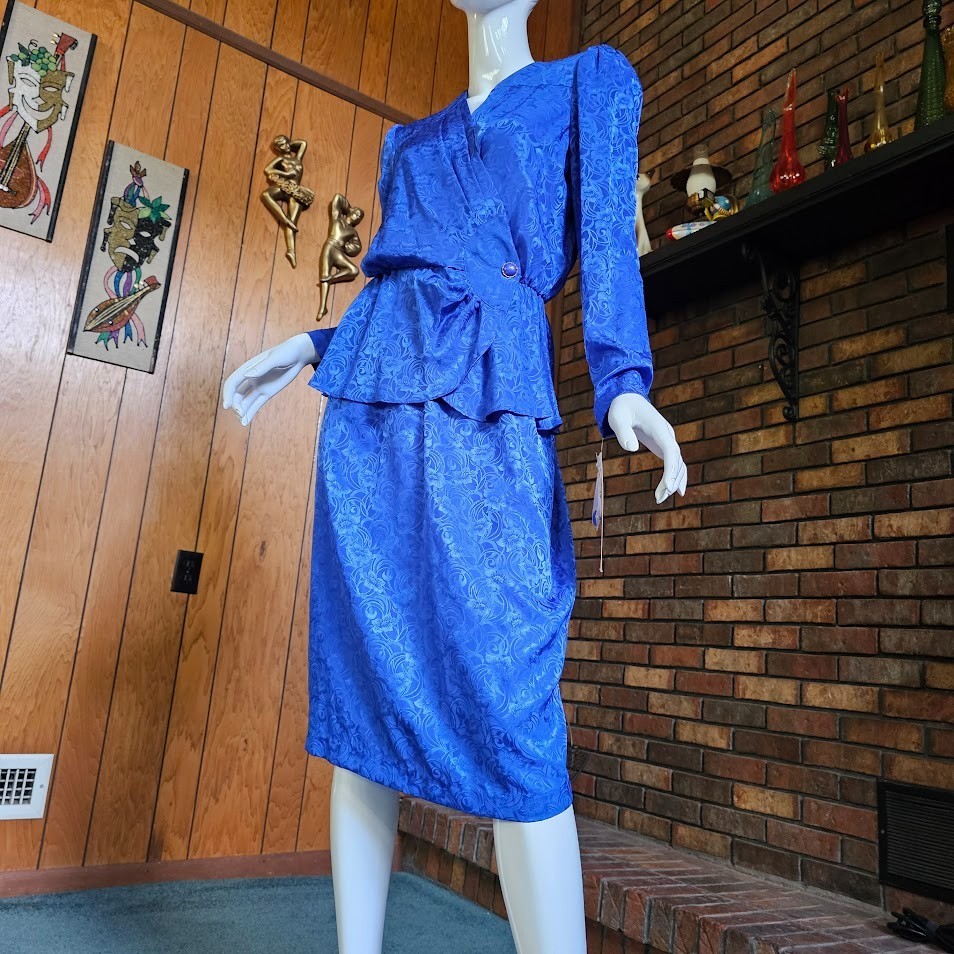Vtg NOS 80s Sapphire Blue Jacquard Plunging Surplice Peplum Power Suit Dress M
