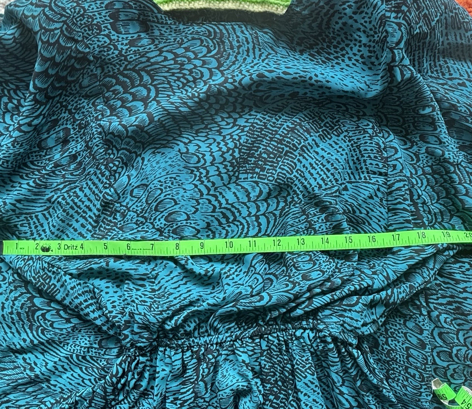 Vtg POSITIVE ATTITUDE 80’s Dress Teal W/ Black Feather Print Shoulder Pads Sheer