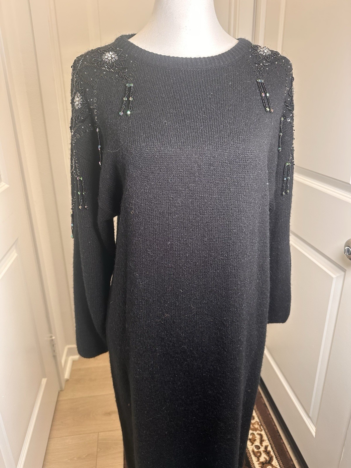 Vintage Belldini Black Beaded Sweater Dress Angora Blend Rhinestone Size L