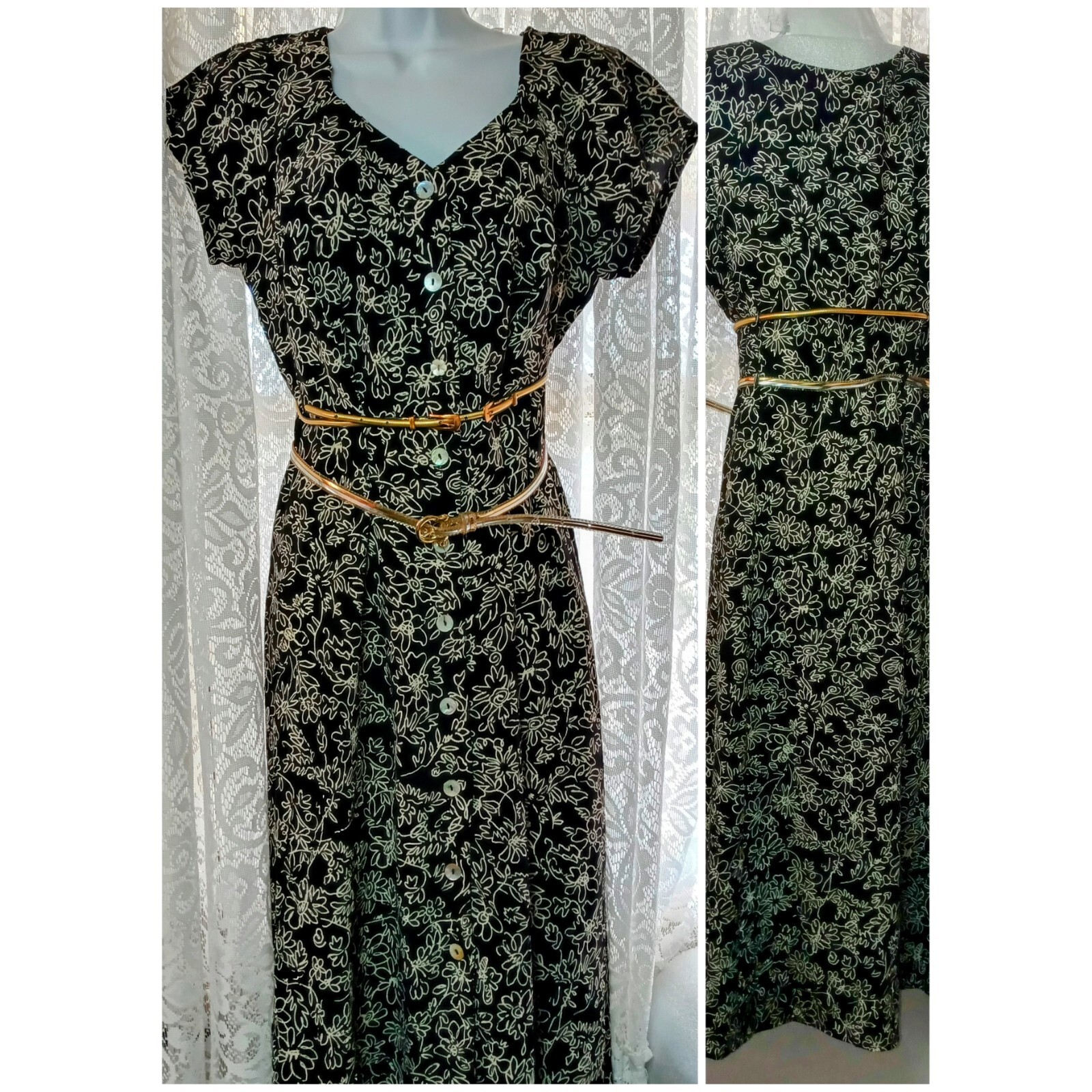 True 40s WWII Black White Rayon Floral Shell Buttons Bombshell Dress Tag Missing