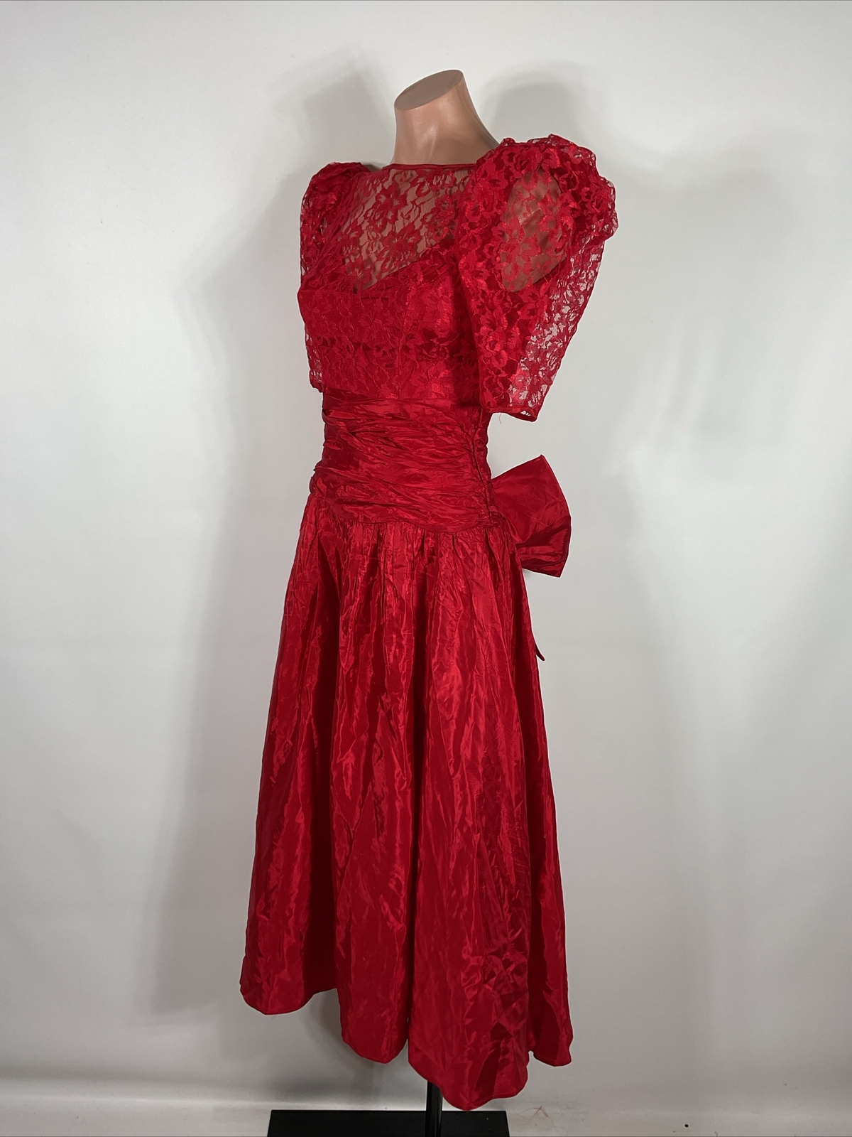 VTG 80s Prom Red LACE PUFFY BUBBLE SLEEVE Party Formal Bows Evening Dress Gown 4