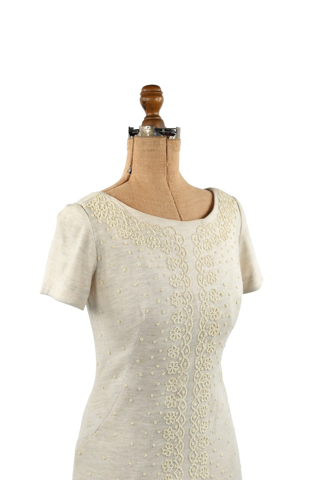 Vintage 60s Light Cream Floral Seed Bead Embellished Hourglass Cocktail Dress S