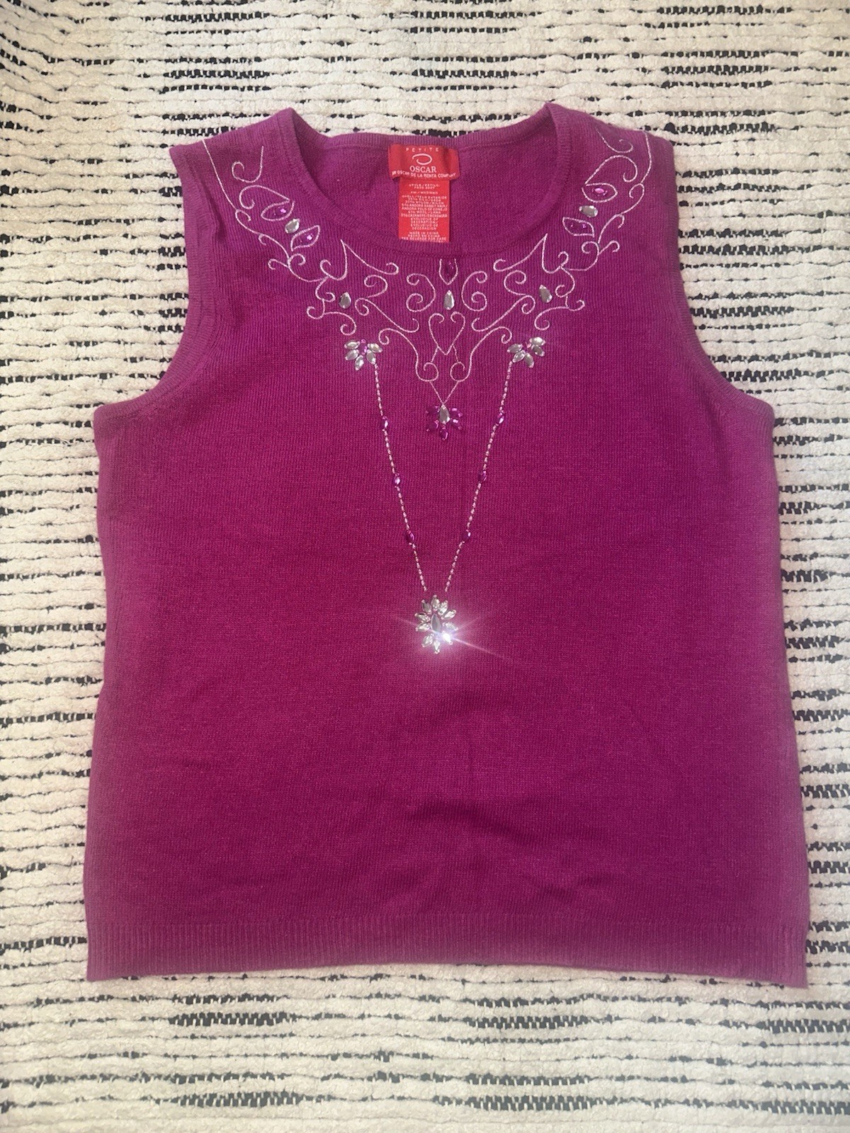Vintage Oscar de la Renta Y2K Pink Embellished Rhinestone Knit Top Shell M