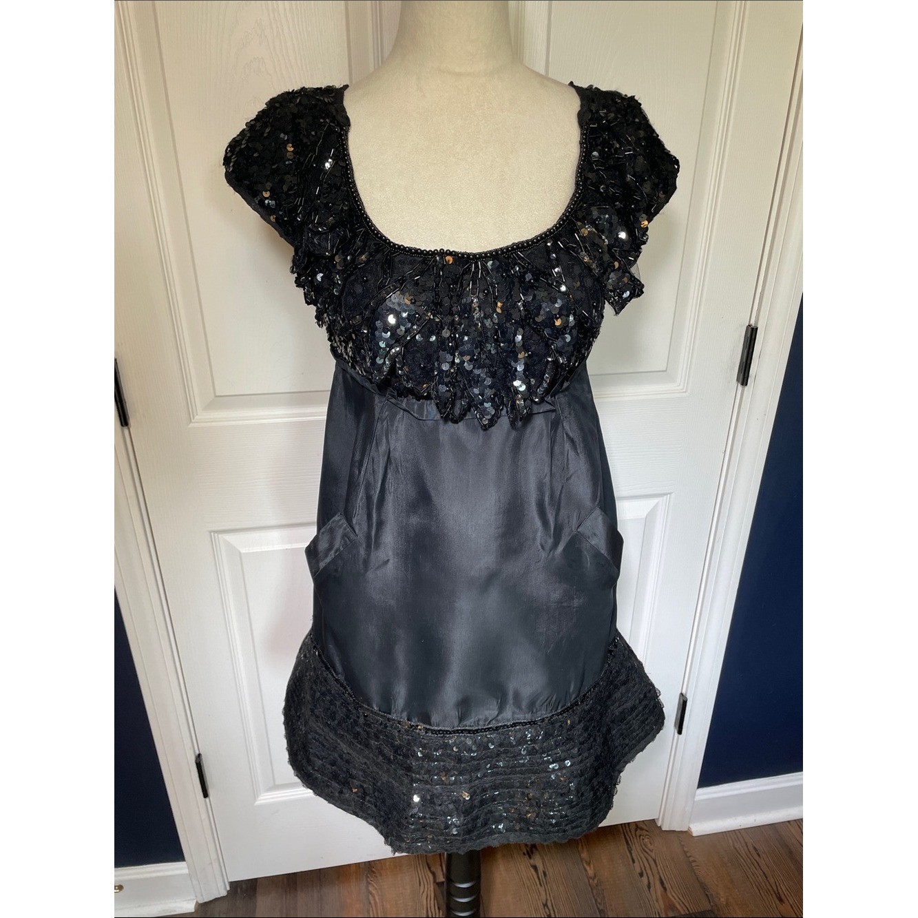 Vintage Y2K BETSEY JOHNSON Sequins Trim Black Acetate Babydoll Dress Size 6