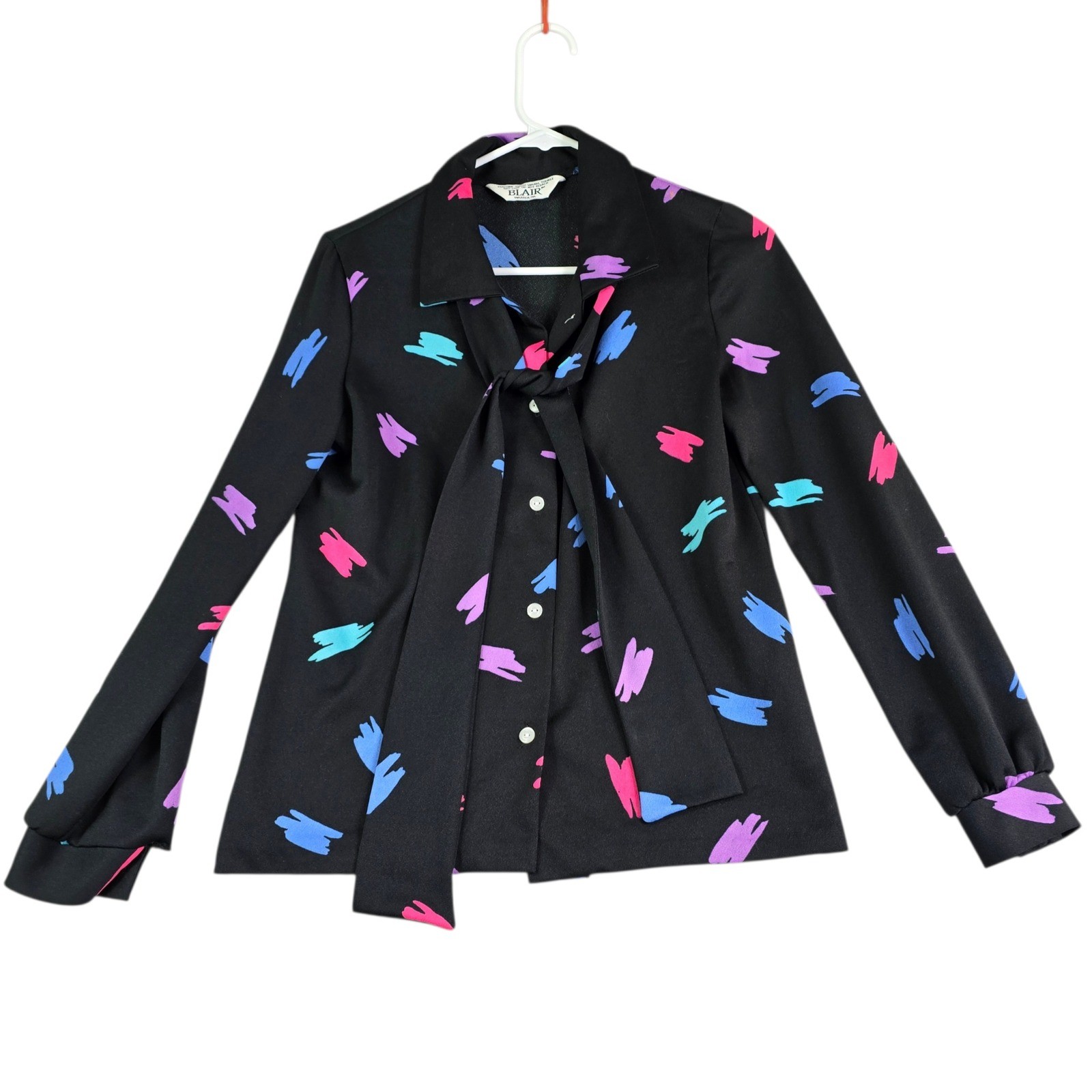 Vintage Blair Blouse Women Medium Black Abstract Brushstroke Tie Neck 80s 90s