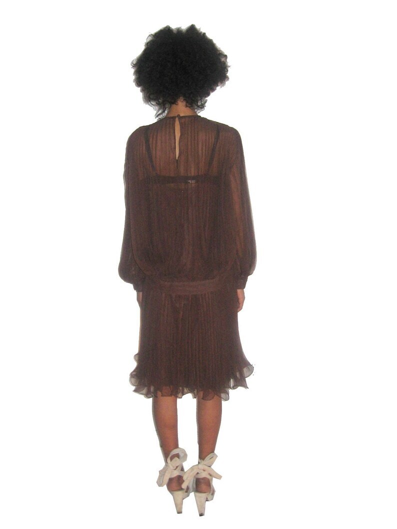 VTG Brown Organza Pleated Blouson Tie Waist Tunic Strappy Dress 2pc Ensemble 12