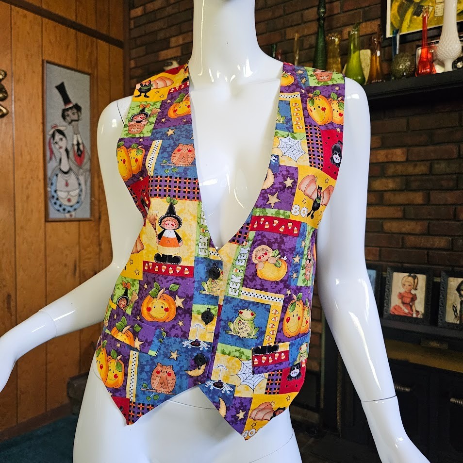 Vtg 80s 90s Halloween Faux Patchwork Cartoon Spiders Ugly Sweater Frizzle Vest S