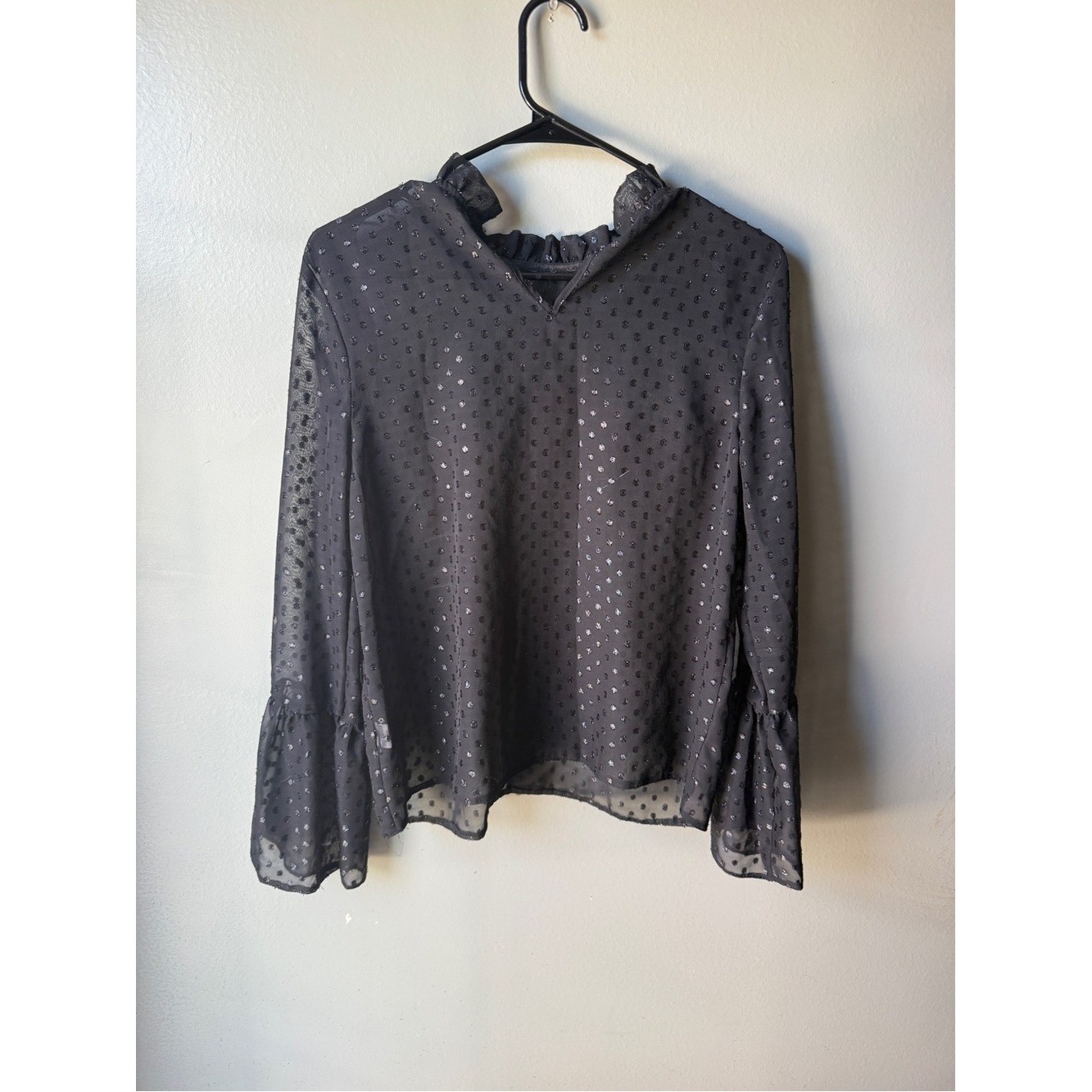 Black Sheer Polka Dot Blouse Ruffle Bell Sleeve