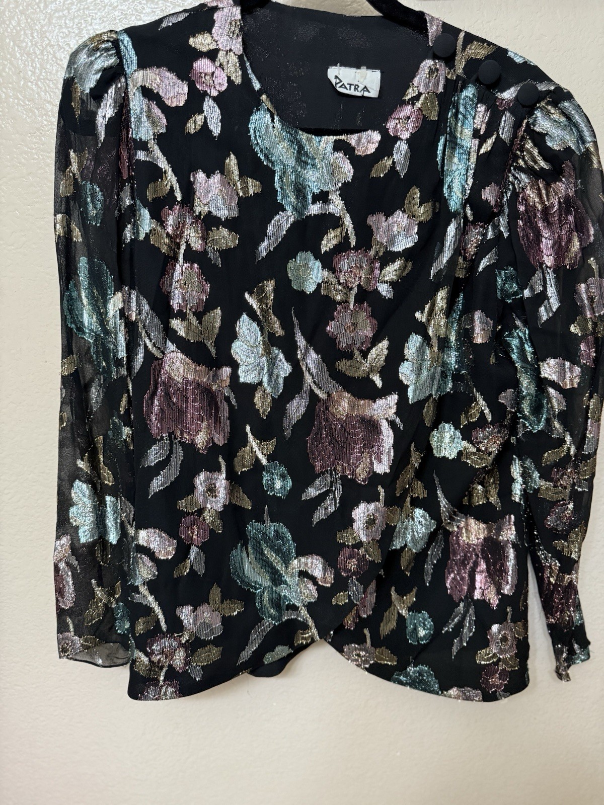 Vtg Petra Sheer Shimmer Metallic Floral Evening Special Occasion Wrap Blouse