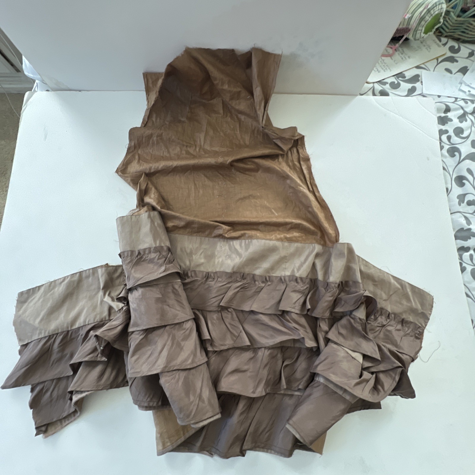 Brown Satin Taffeta Ruffled Fabric Piece From A Vintage Dress. Rare Find.