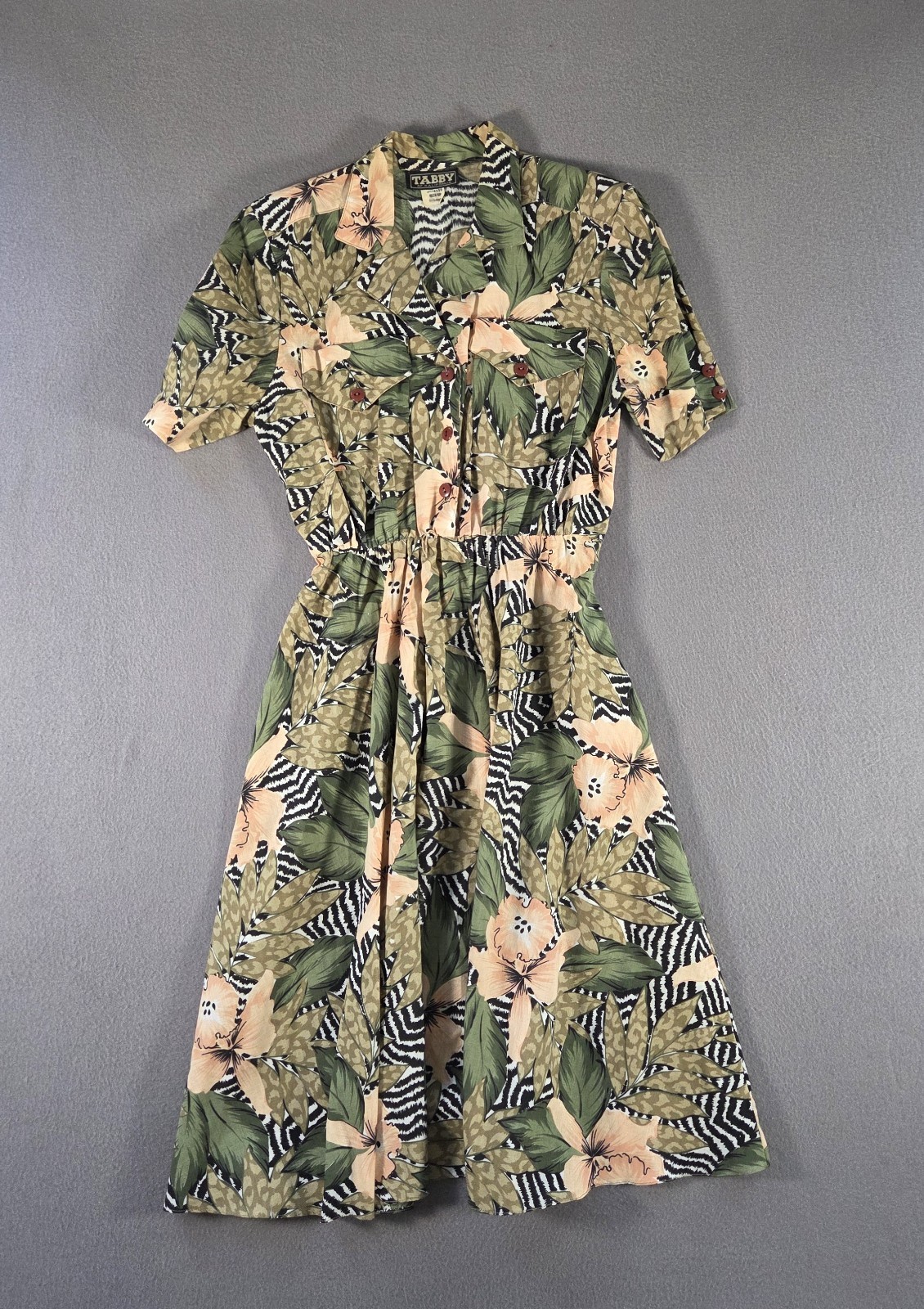 Vintage Tabby of California Dress Womens 6 Green Floral Safari Midi Flare 80s