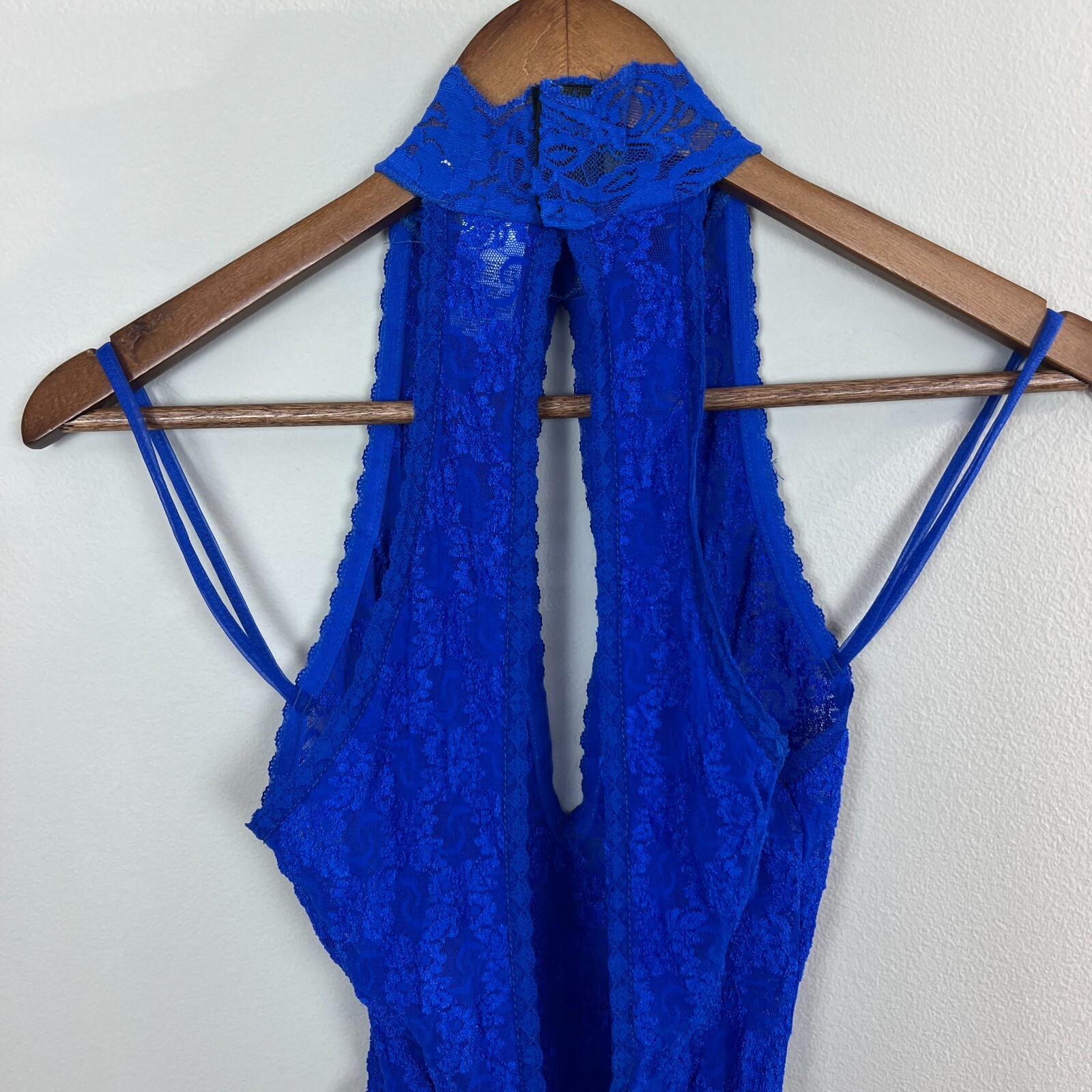Andrea Kristoff Escante Lace Teddy M Blue Halter Cutout Sexy One Piece Vintage