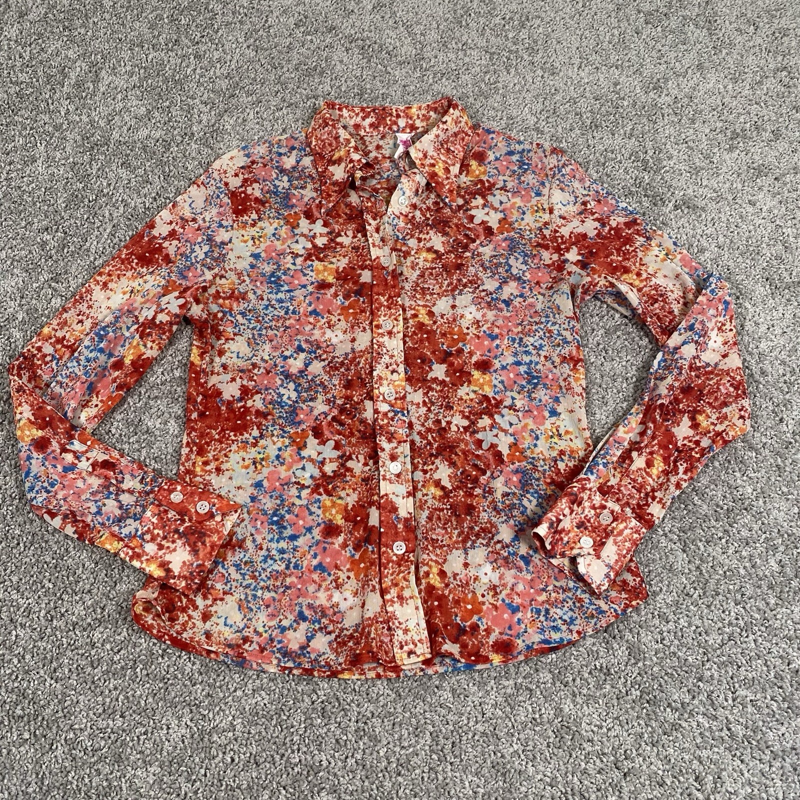 VTG 70’s Sheer Button Up Dagger Collar Shirt Red Disco Floral Secretary Size S/M