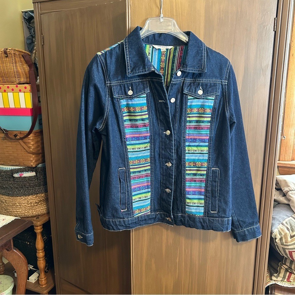 Tantrums Denim Jacket Small Boho Embroidered Aztec Tribal Print Trim Jean