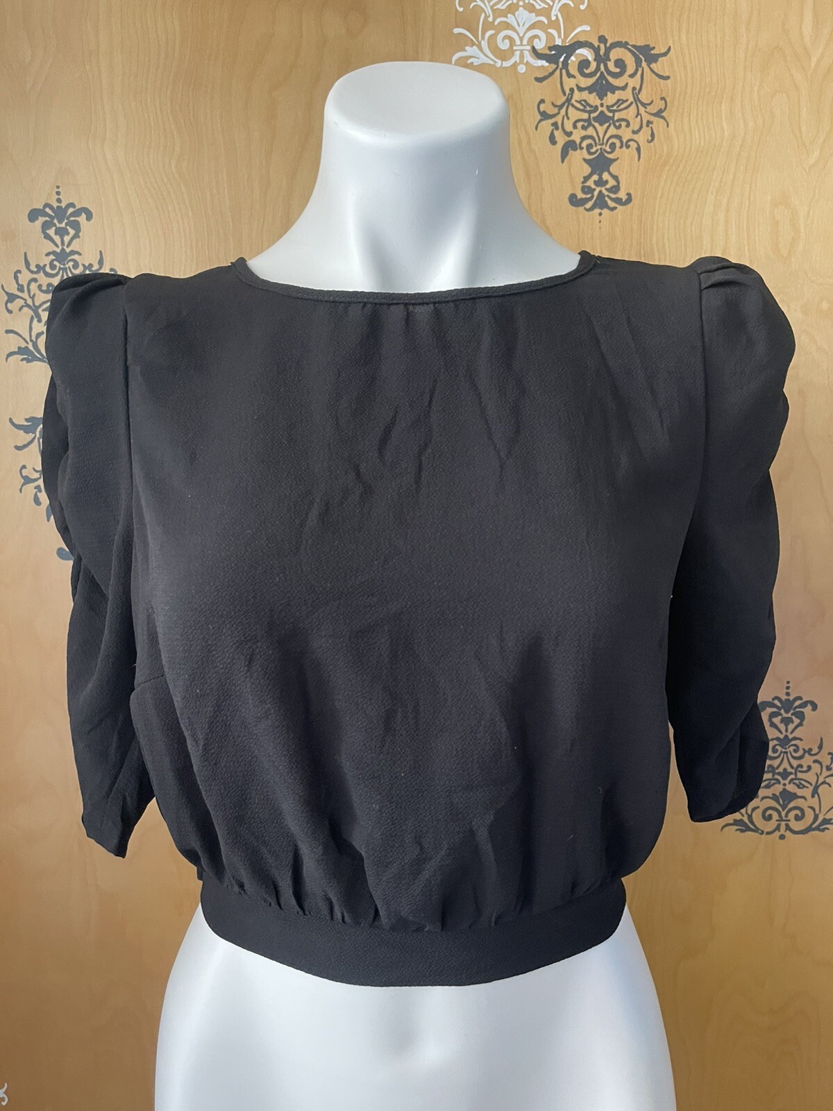 NWT Y2K 2000 Peplum Blouse Crop Top 1/2 Sleeve Adjustable Tie Strings Black S/M