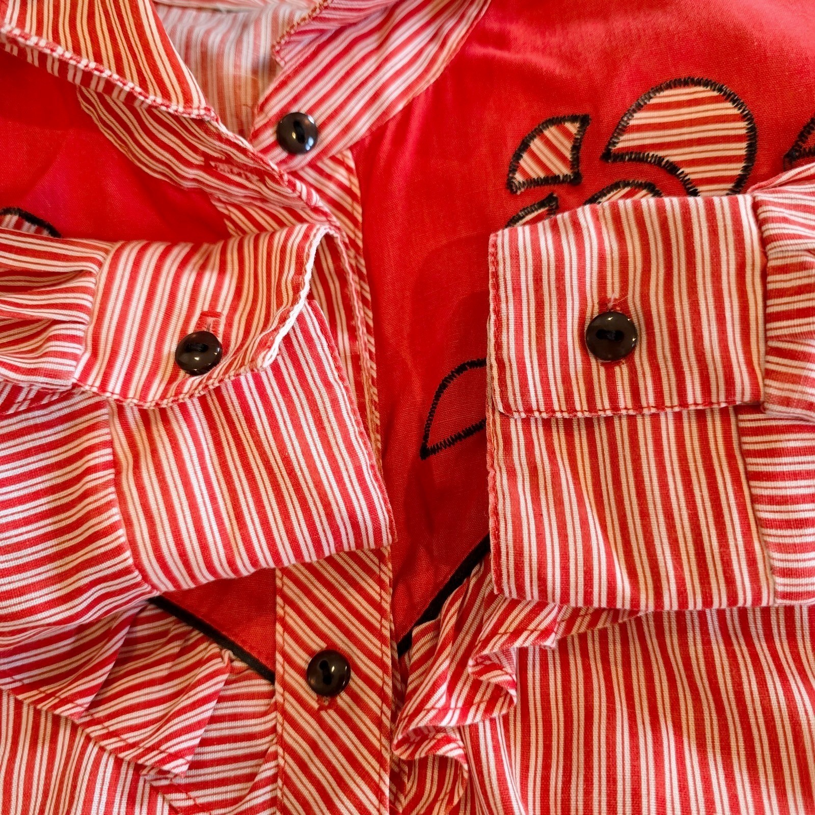 Vtg 1980s Womens Western Shirt Red White Candy Stripe Ruffle Rose Embroidered M