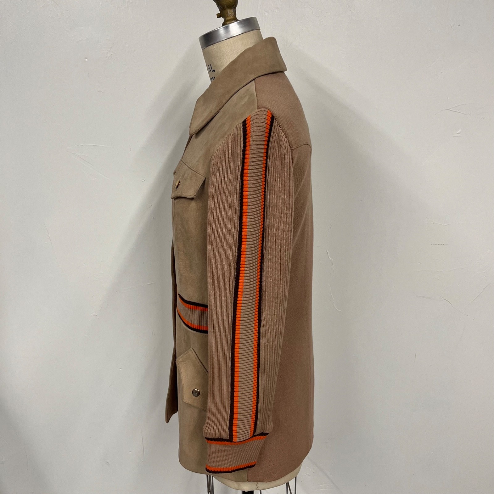 Vintage 1970s Penneys Suede Leather Car Coat Size 12 Brown Rib Knit Wool Medium