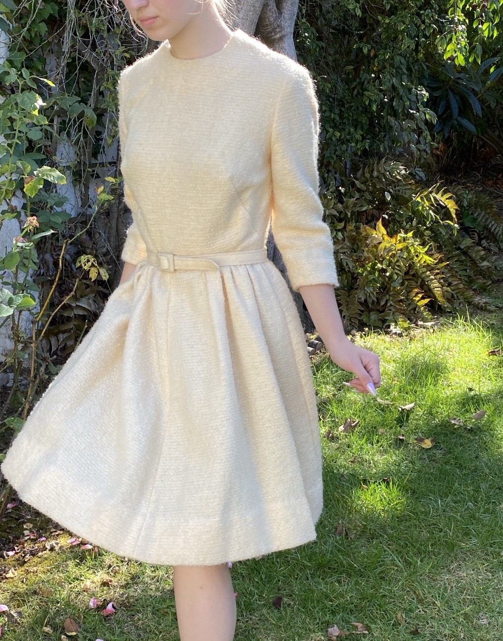 Vintage 50s Handmade S M Boucle Dress Fit Flare New Look Winter White