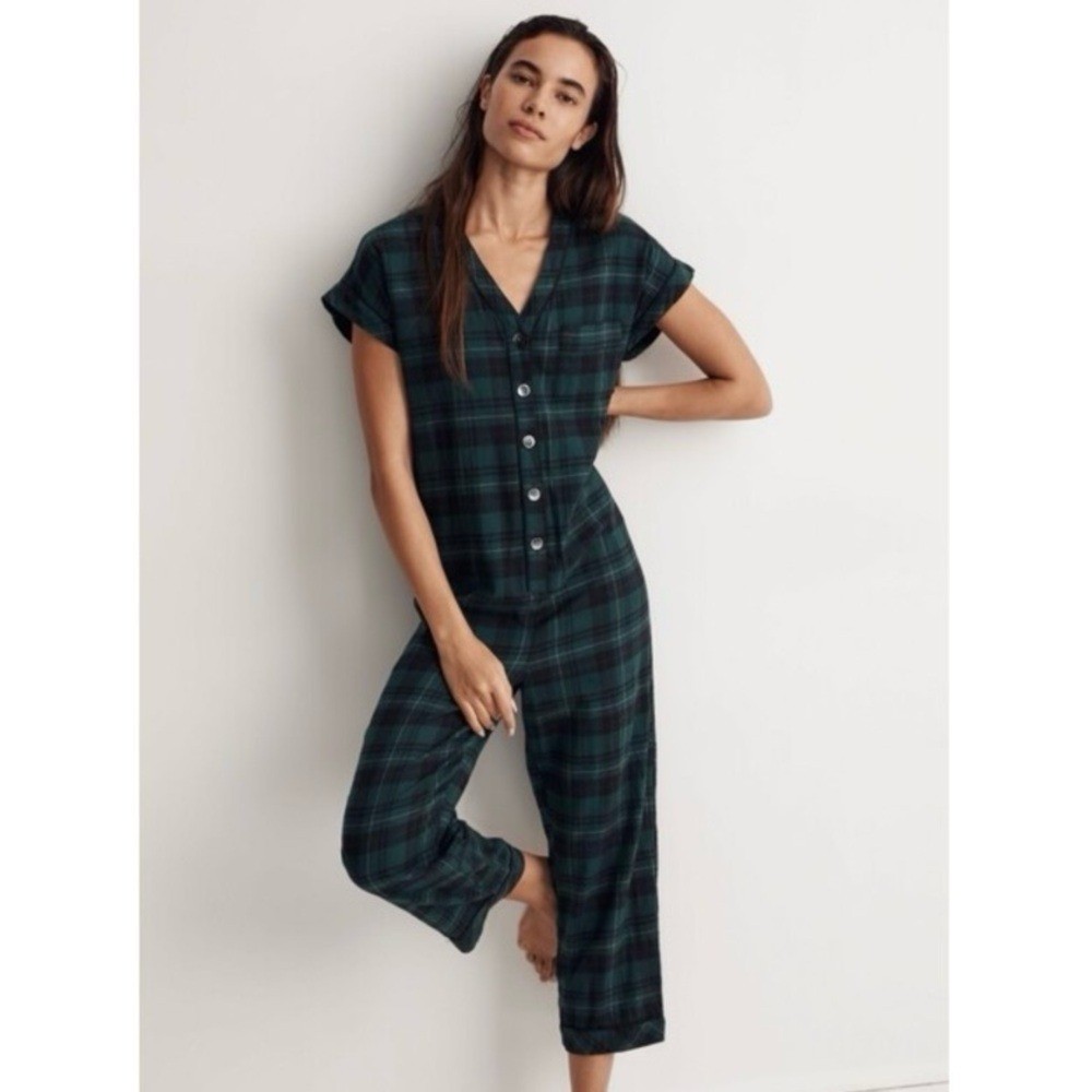 Madewell Flannel Bedtime One-Piece Pajamas in Smokey Spruce Reywood Plaid Small
