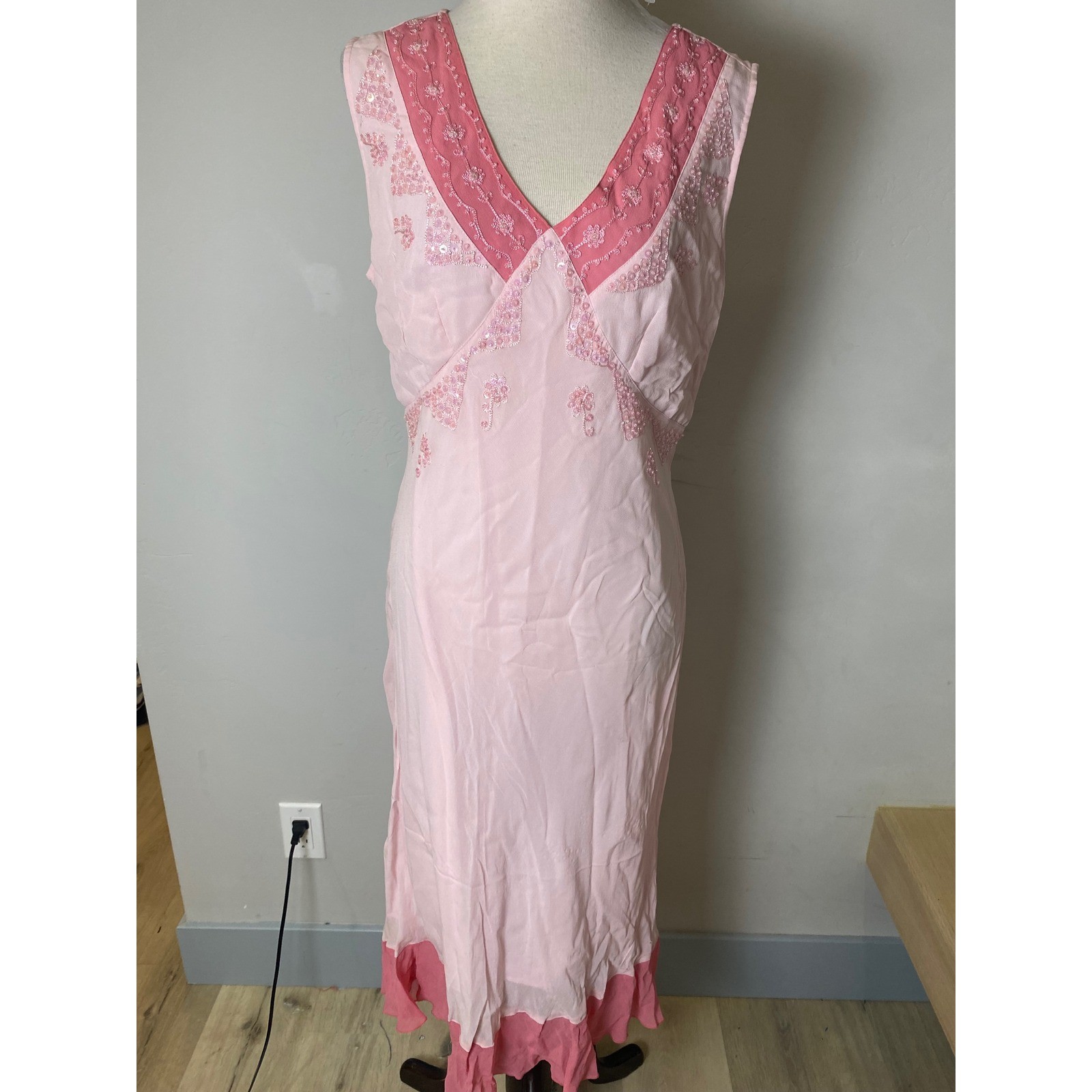 Vintage 90s Chadwicks Pink Beaded Sequin Rayon Midi Dress XL Deadstock NWT Women