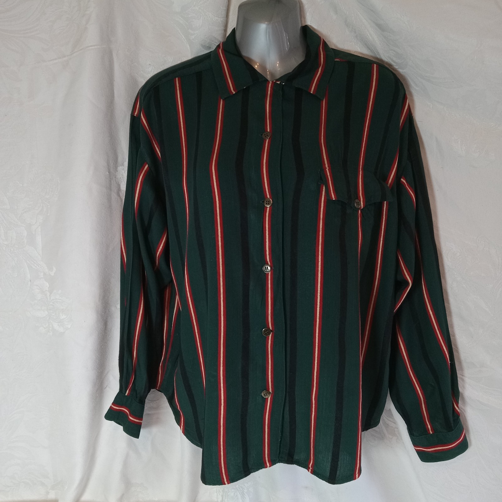 Esprit Women’s Shirt Button Down Green Red Stripe Preppy 1980s Size M Vintage