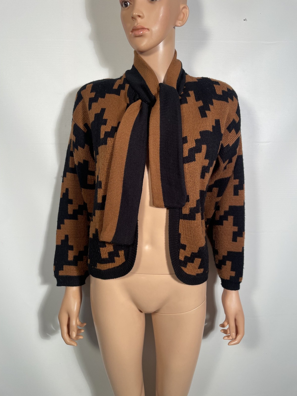 Vintage 1980s Brown Houndstooth Cardigan With Attached Collar Tie Size M