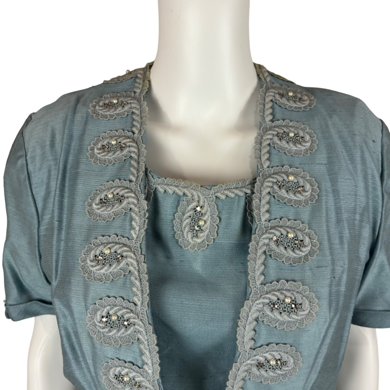 Vintage 1950s Dress Set Women’s Small Faux Silk Blue Cocktail Outfit Ann Kauffma