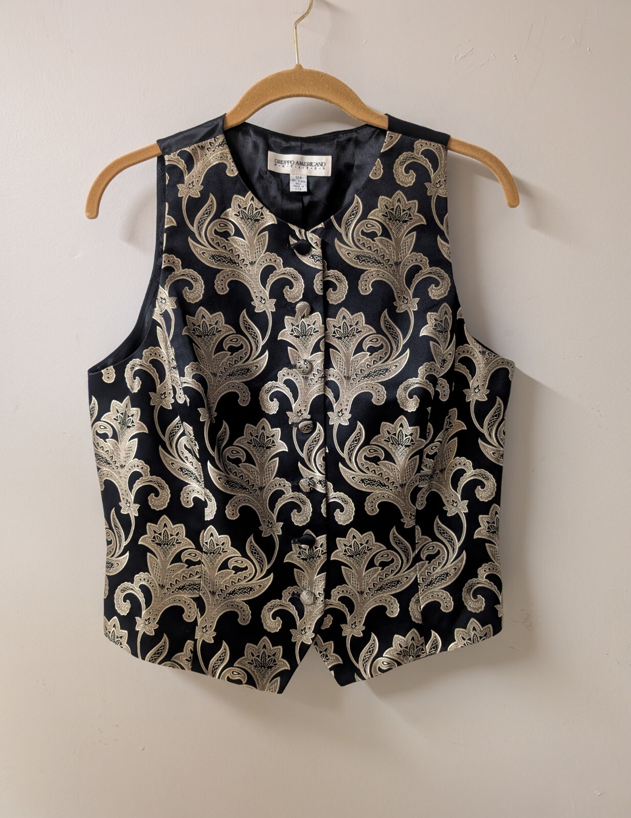 Vintage Gruppo Americano Black Gold Embroidered Vest 100% Silk Size M Petites