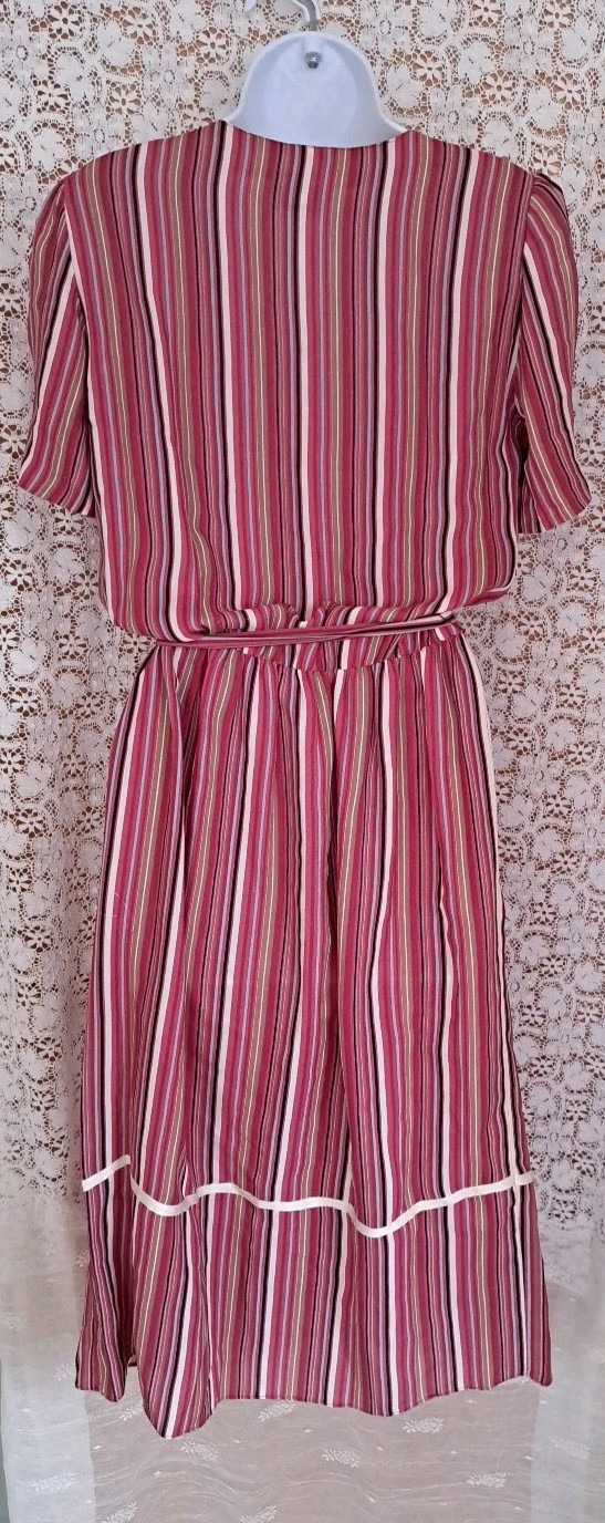 Lizzy & Johnny By Lucero Dress 12 Mauve Striped Elastic Waist Short Sleeve VTG