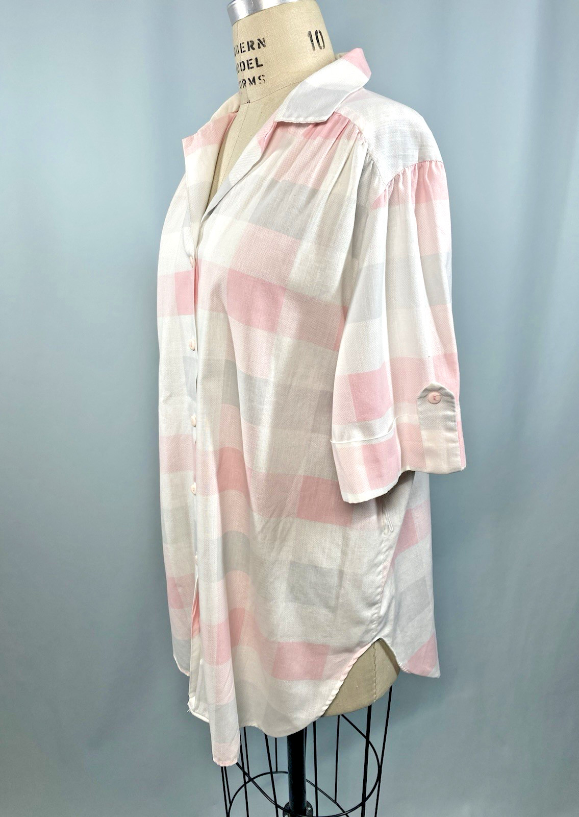 Vintage Blouse SIZE XL 42 pink grey check tunic Top CALIFORNIA CONNECTION 80s