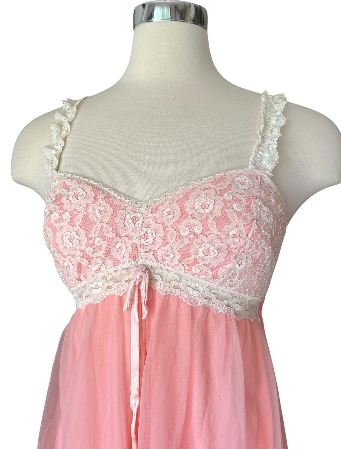 Vintage 60’s Lace Babydoll Pink Nightgown Slip Coquette Romantic Chiffon Nylon M