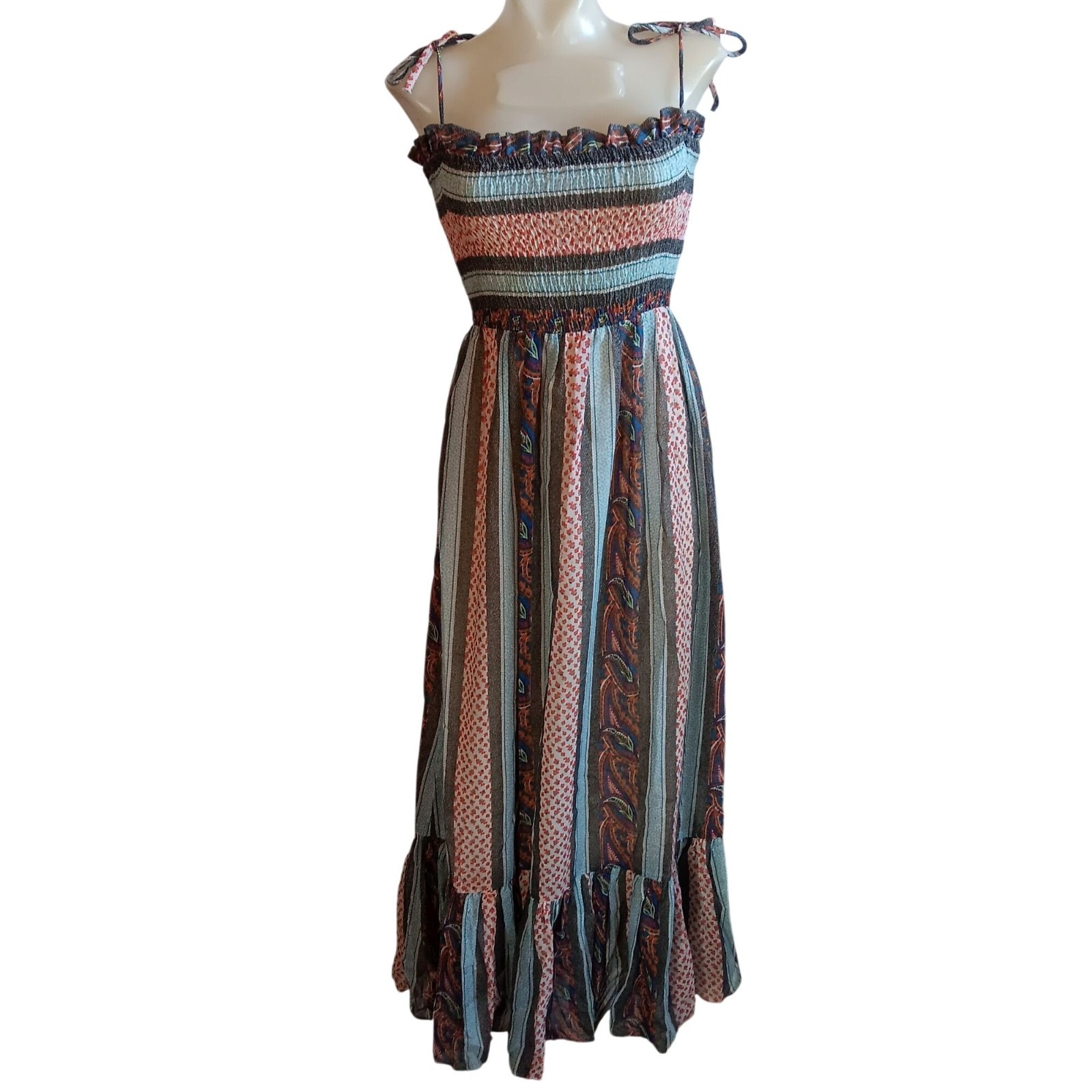 True Vintage Peasant Bohemian Dress sz 9 Maxi Ruffle Trim & Smocked Bodice