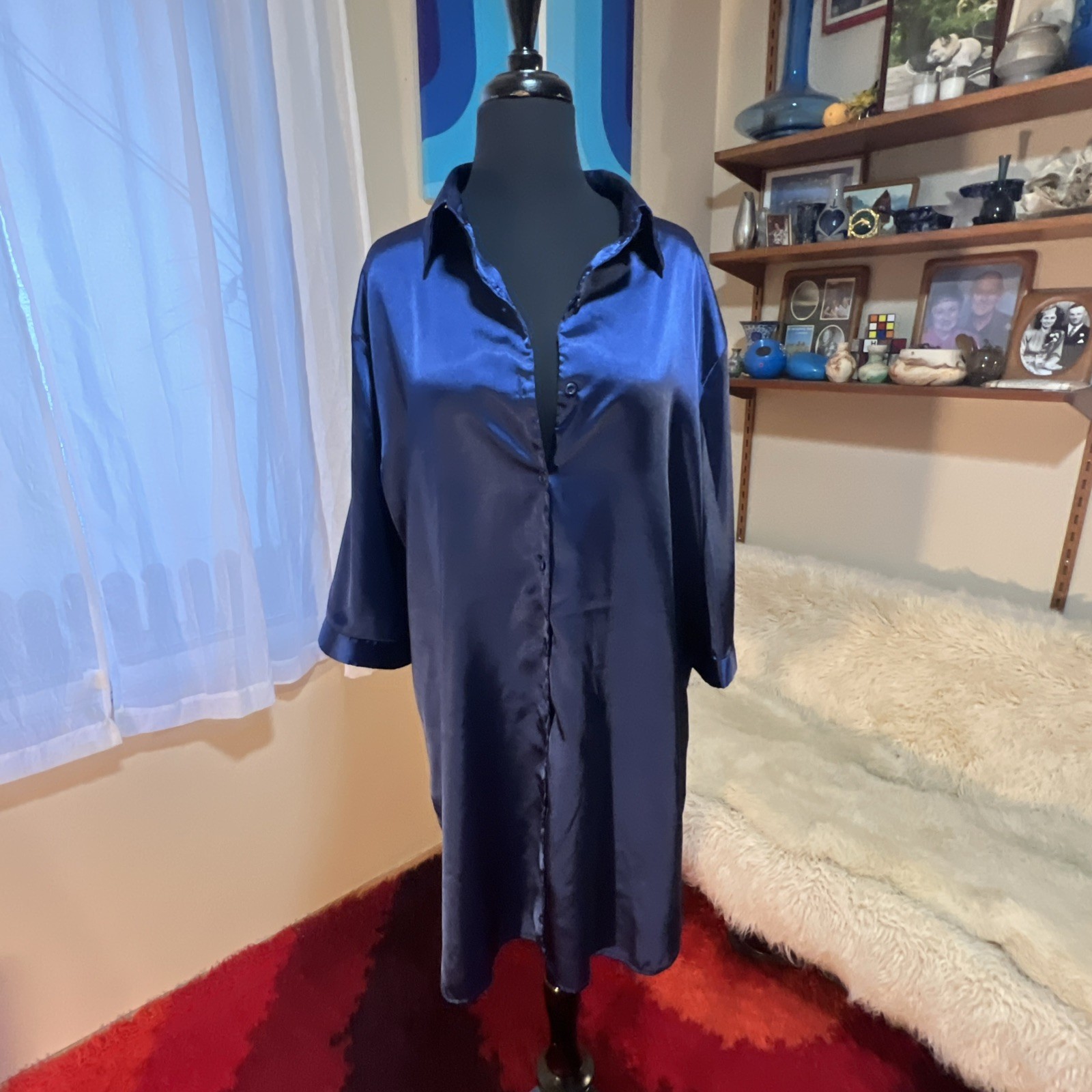 Vtg Ekouaer Glossy Shiny Satin Sleep Shirt Dress XXL Sapphire Blue Button Down
