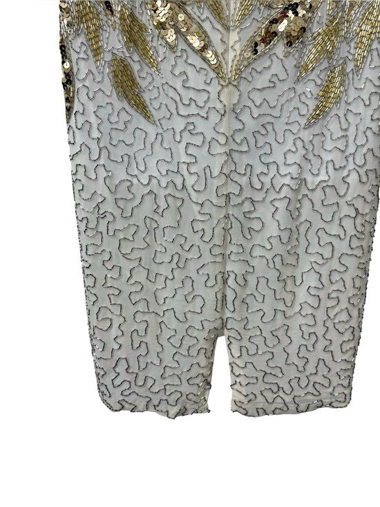 VTG NITE Lime 100% Silk Beaded 90s Showgirl Sequin Beige Gold Dress Size 8