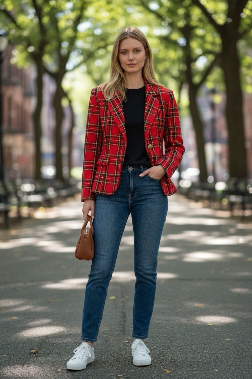 TR Bentley Red Plaid Vintage Wool Blazer Tartan Textured Tweed