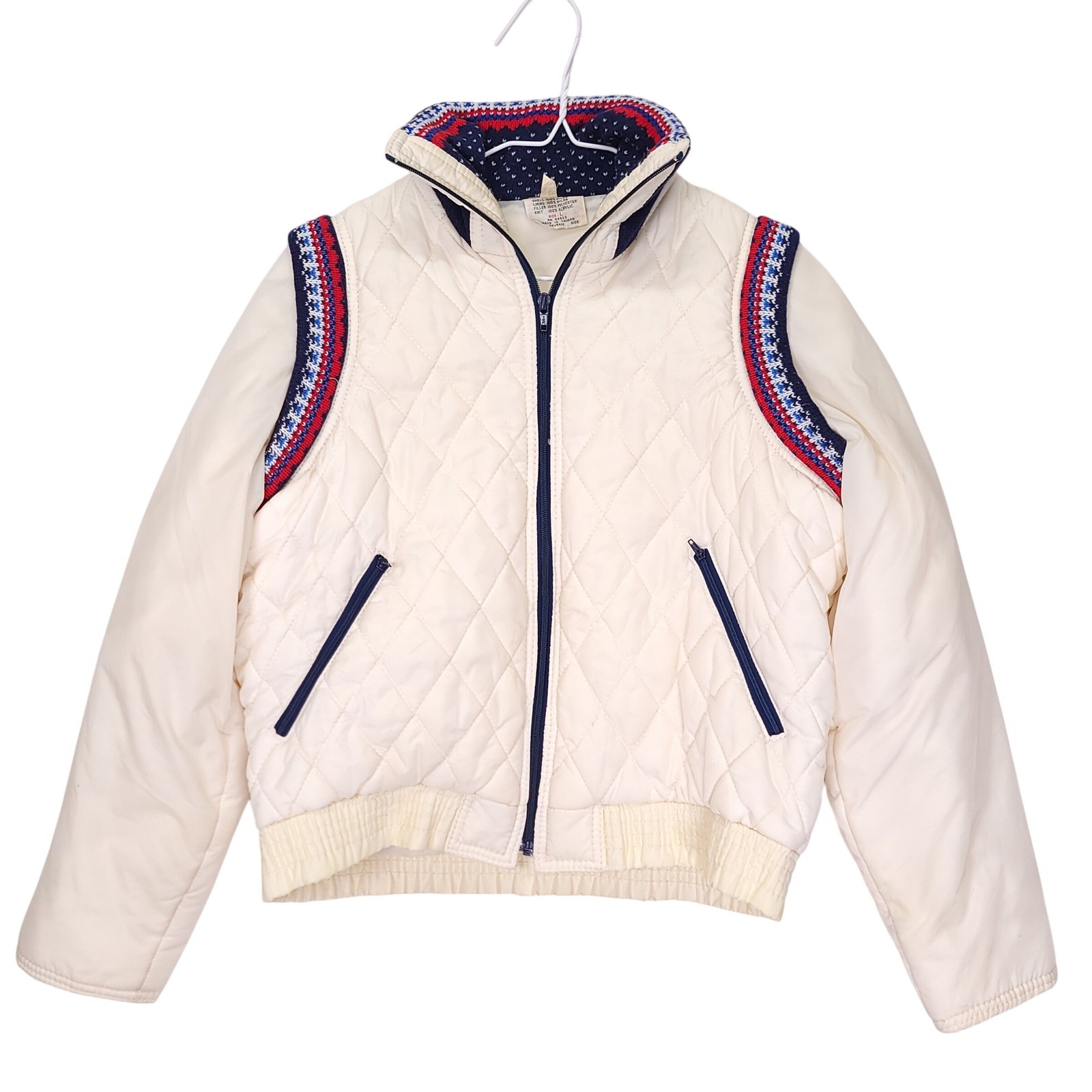Vintage Convertible Ski Jacket Vest Cream Quilted Fair Isle Teen Large