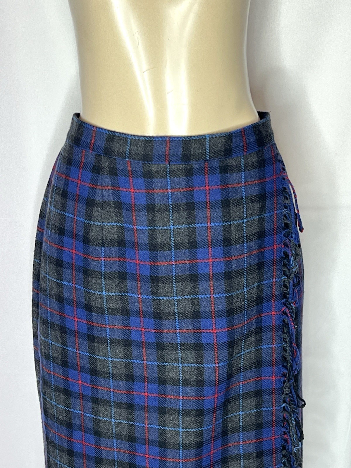 VINTAGE JOAN LESLIE BLUE WOOL PLAID FAUX WRAP MAXI SKIRT SZ 16