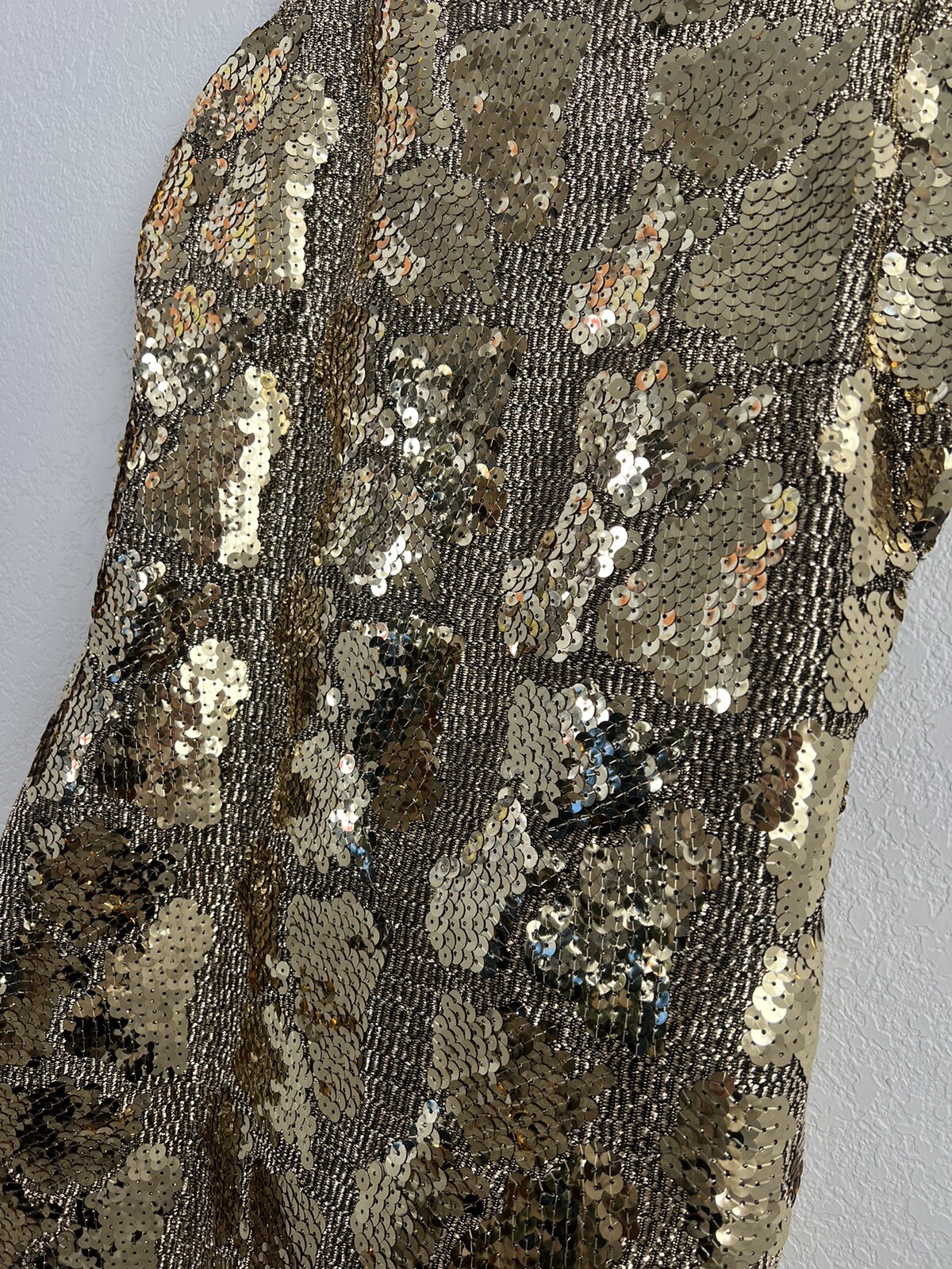 $398 Vtg Karen Lucas 4 Niki GOLD Sequin Form Fitting Dress Spaghetti Straps Sz 2