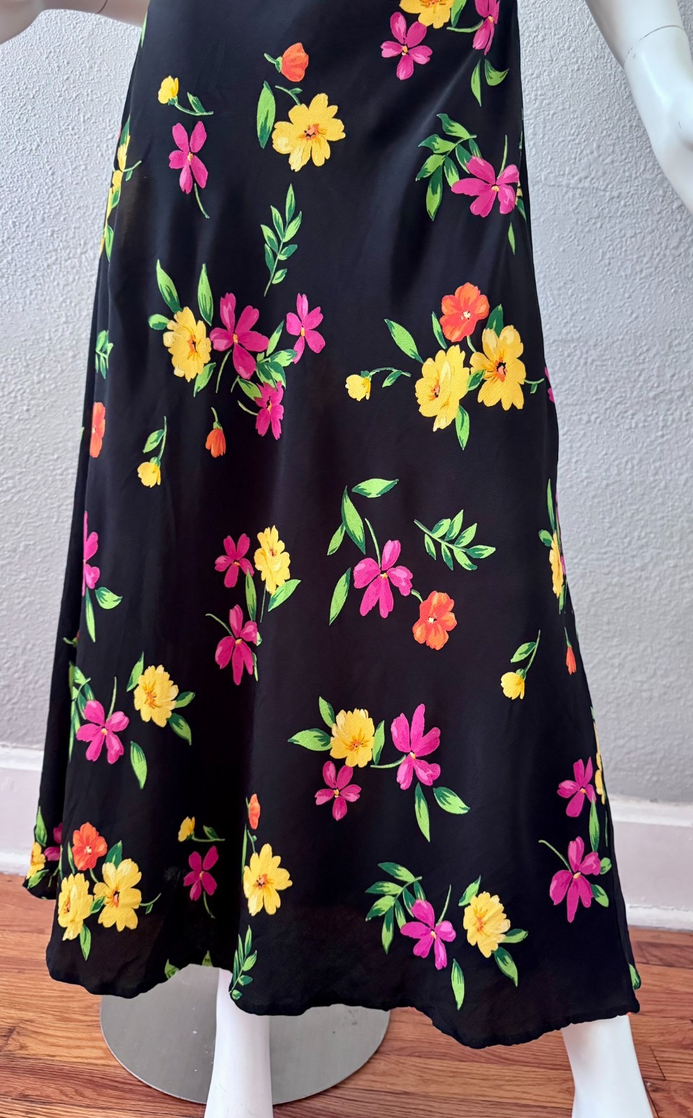 Vintage 90s Black Floral Femme Rayon Maxi Sun Dress M