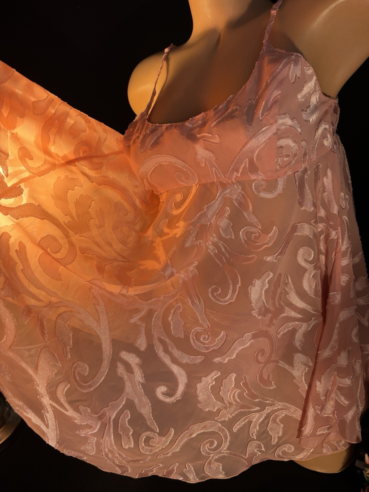 Vtg Satin Soft Burnout Nightie Thong Panties VS Babydoll Damask Sheer Gown Set S