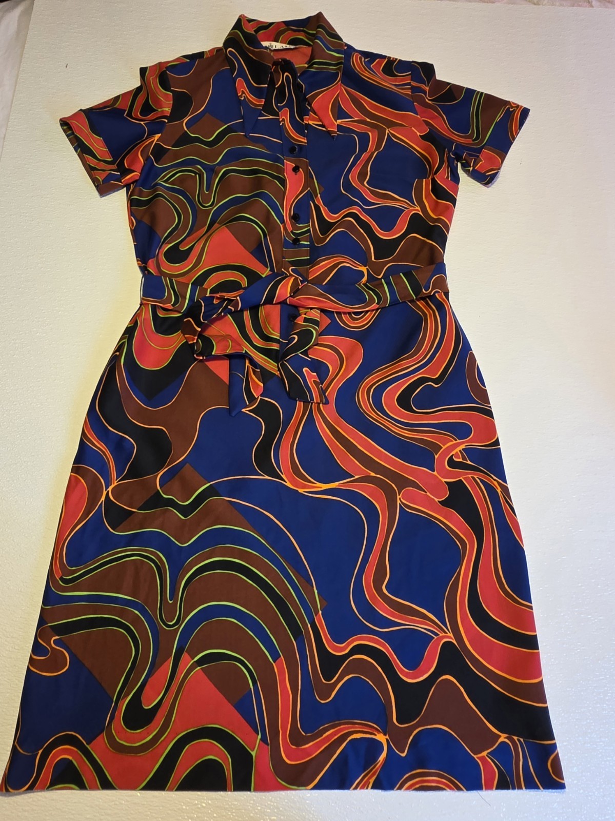 Vintage Lanvin Colorful Psychedelic Geometric Pointed Collar Short Sleeve Dress