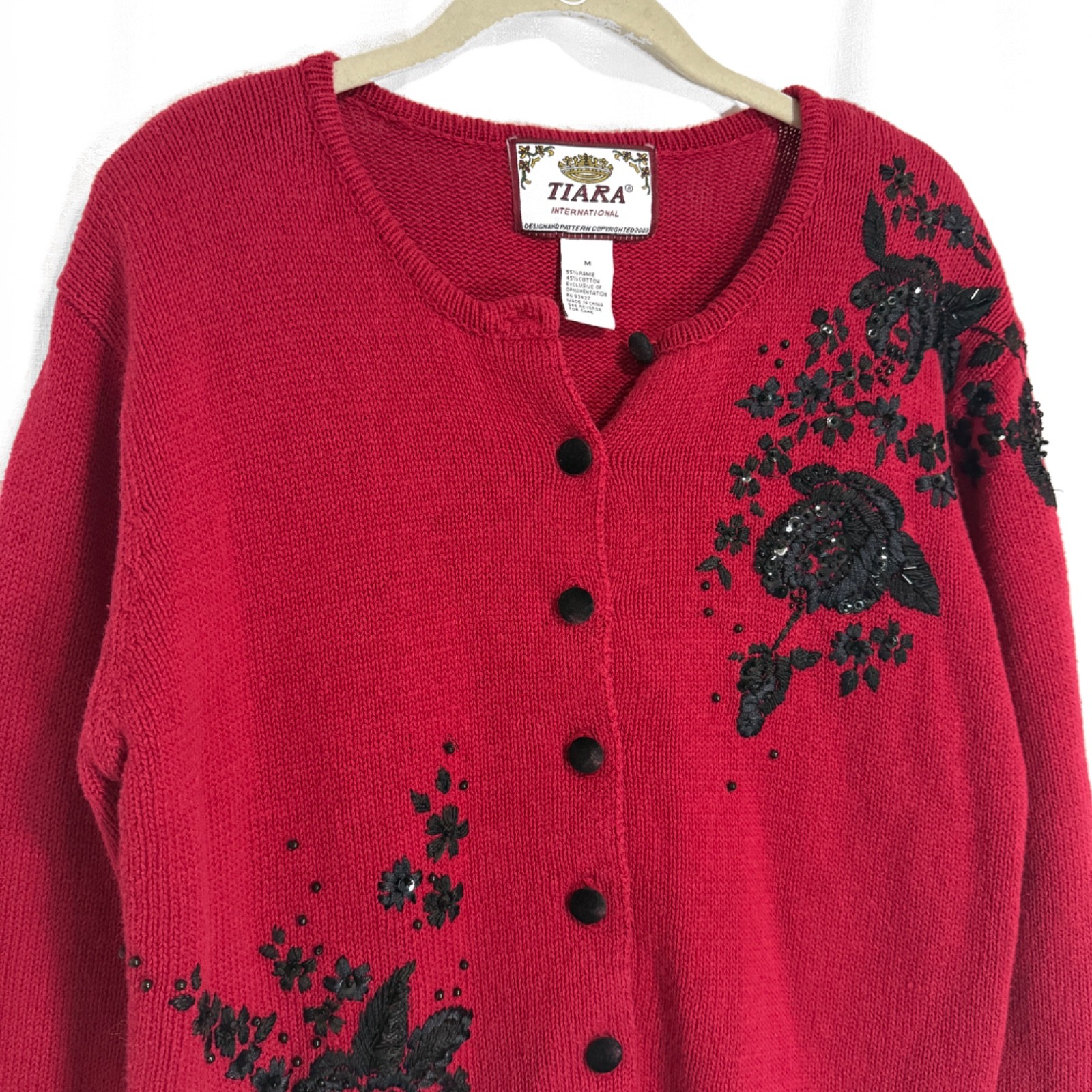 Vintage 90s Red Pinup Cardigan With Black Floral Embroidery and Beading Size M