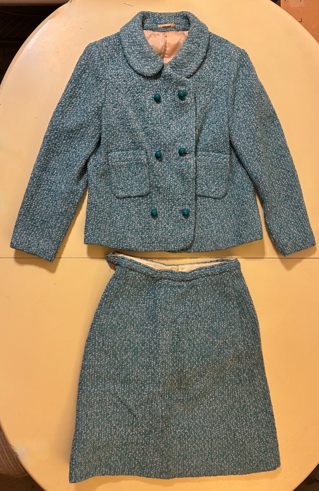 VINTAGE c.1940s MCM STYLE HANDMADE DOUBLE BREASTED SKIRT SUIT Nubby Wool