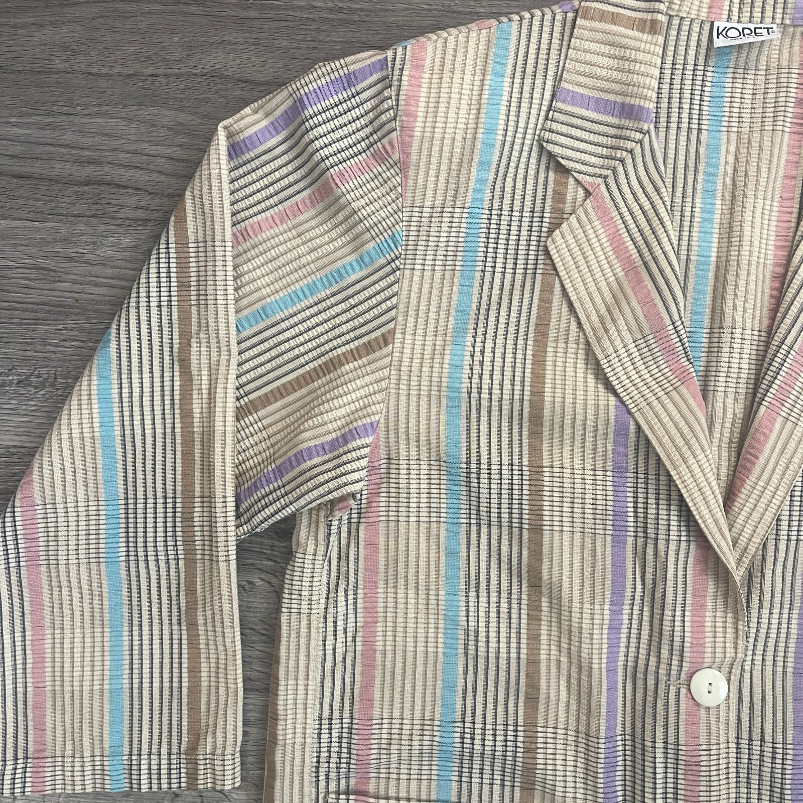 Vintage 80s 90s Seersucker Koret Beige Blue Pink Lavender Summer Casual Blazer