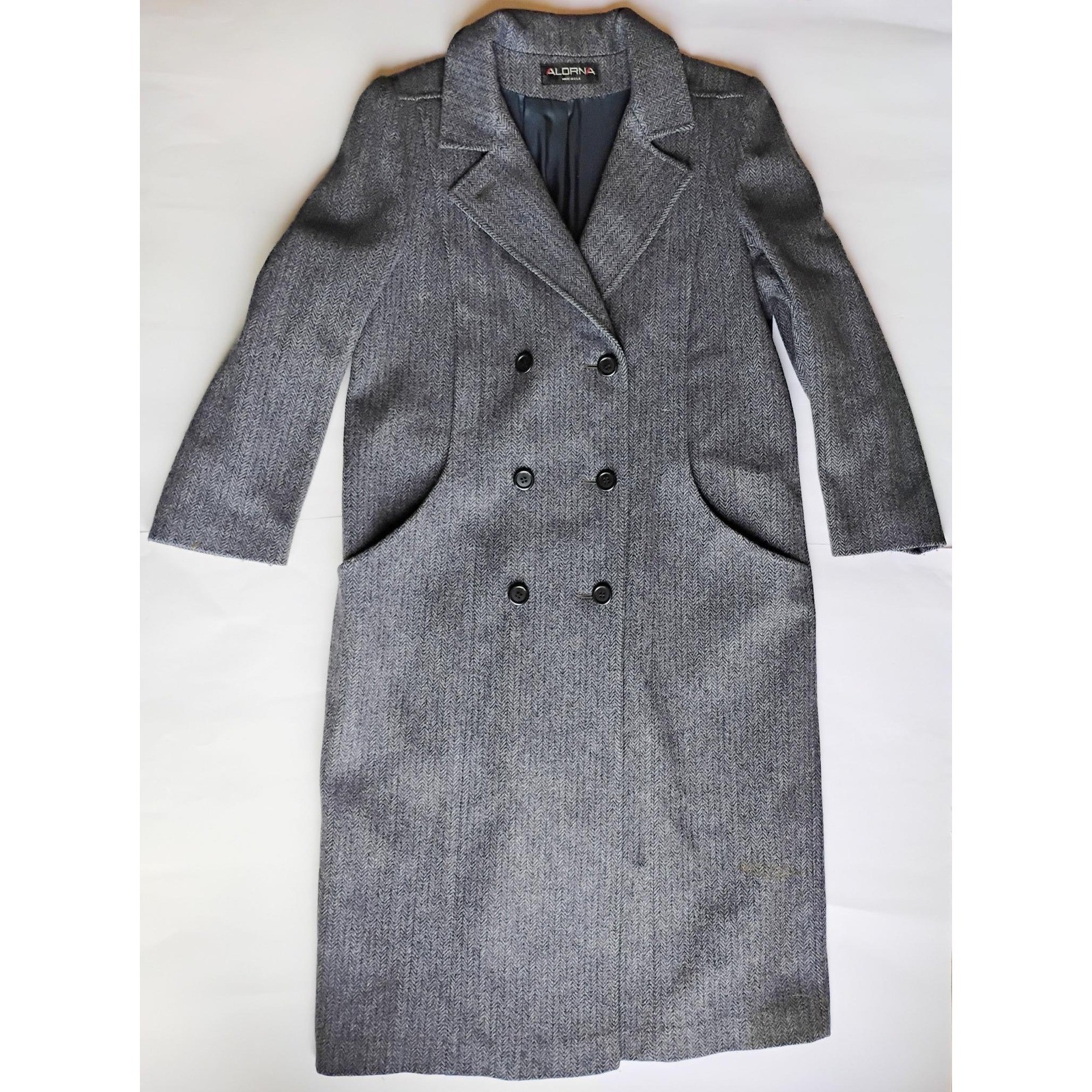 VTG Alorna Herringbone Wool Overcoat 42 Blue Double Breasted Long Trench Coat