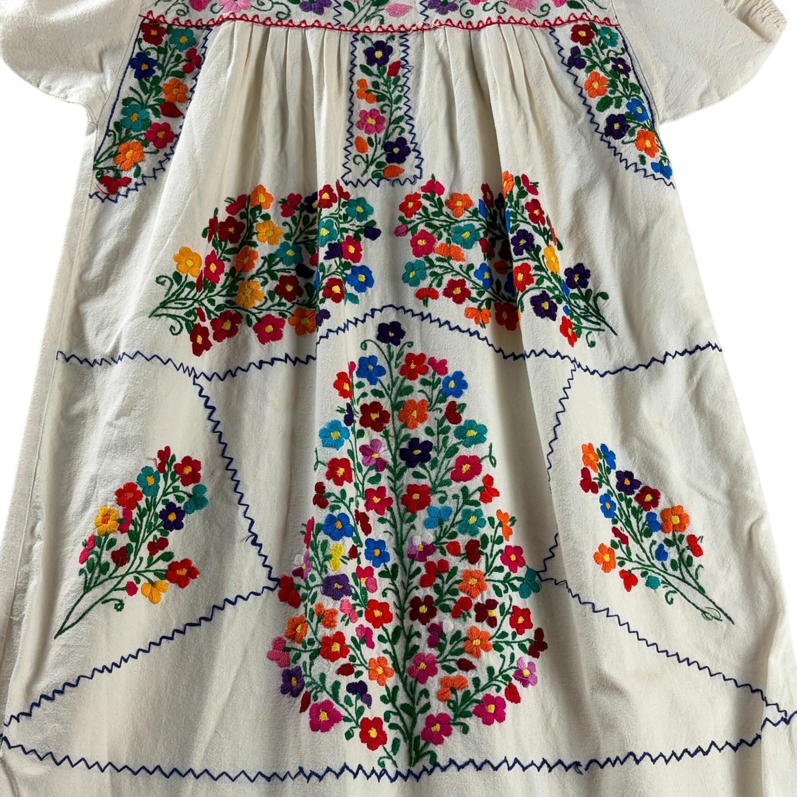 Hand Embroidered Floral Maxi Dress Ivory Boho Folk Art Artisan Peasant