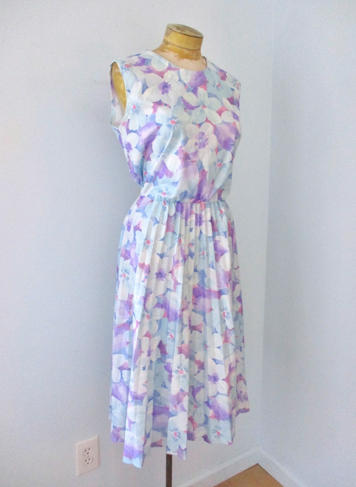 Vtg 70s Ms Lea Pink Purple Floral Poly Knit Secretary Dress Accordion Pleats 16
