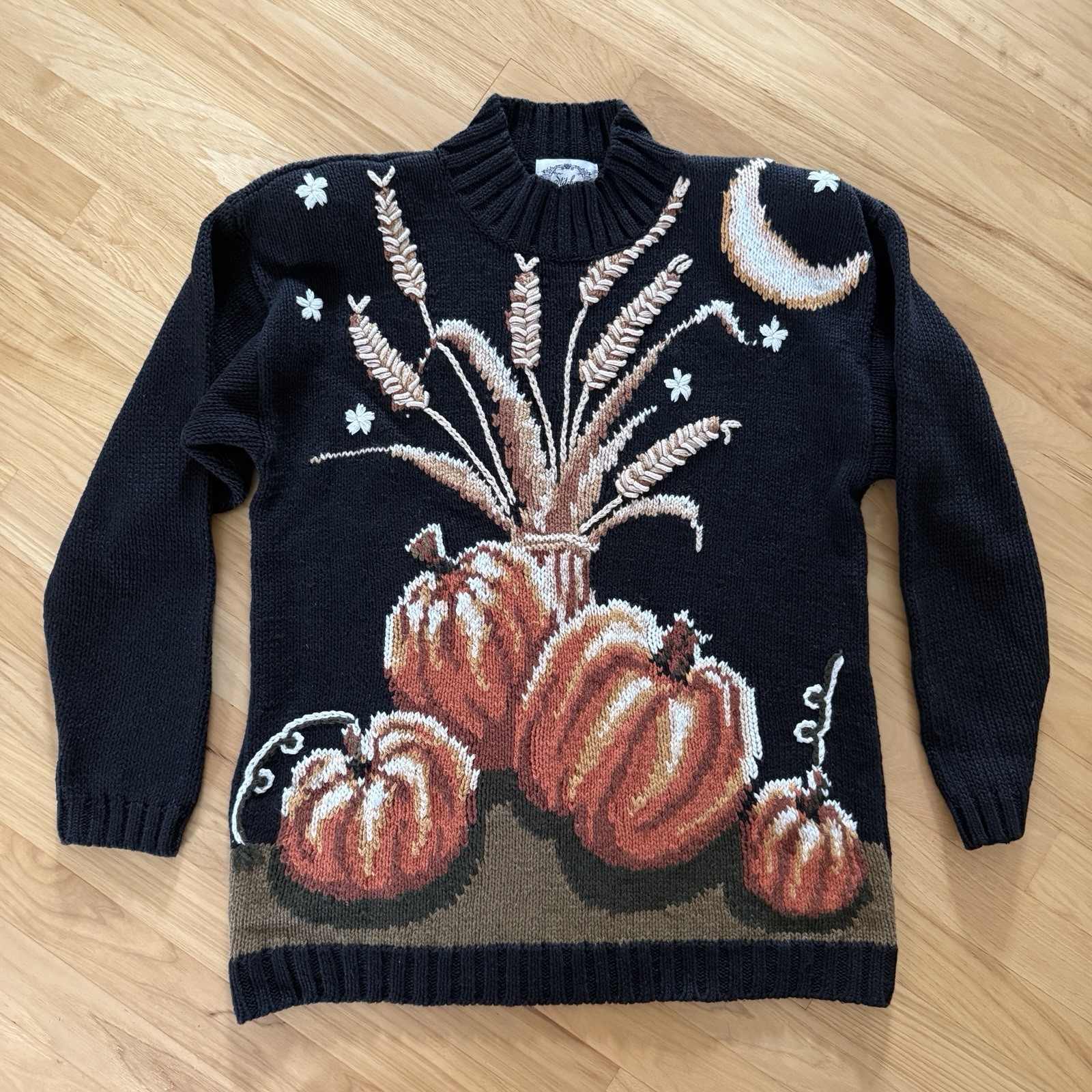 Stitches In Time Black Chunky Knit Embroidered Fall Harvest Sweater Women’s S