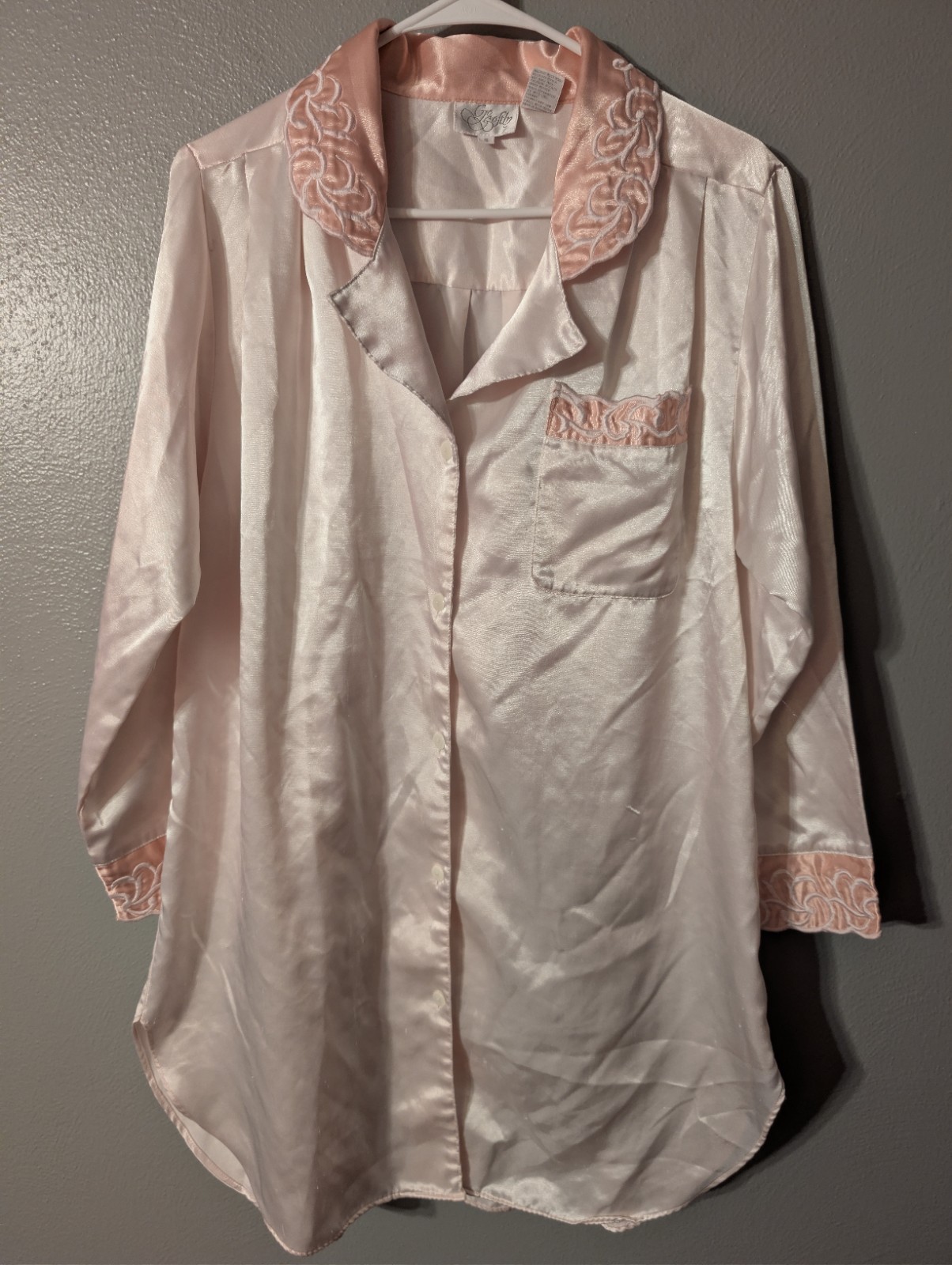 Vintage 80s Go Softly Satin Nightshirt S Pink Embroidered Lingerie Sleepwear