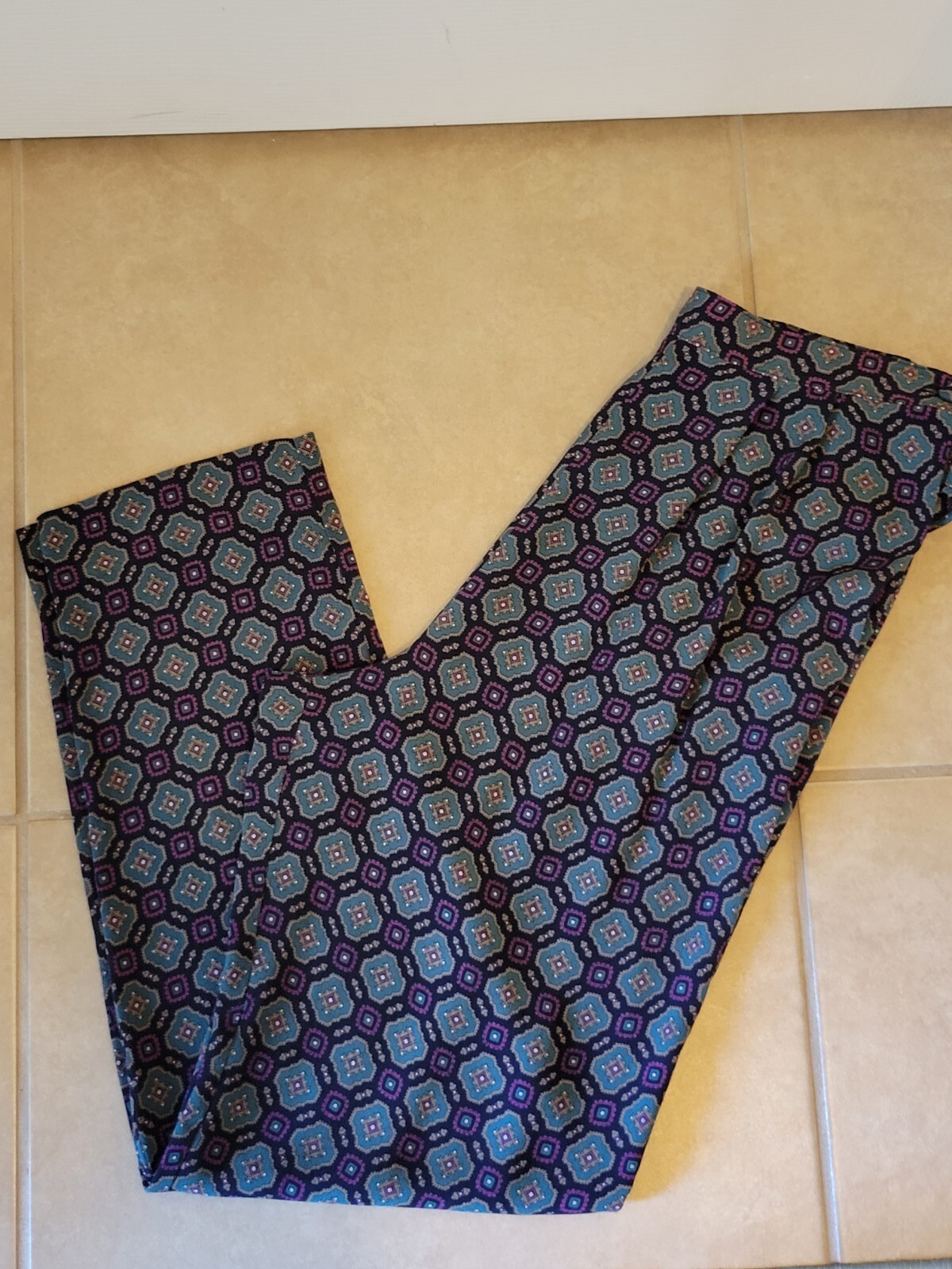Vintage Pants Navy/Purple/Teal Geo Print By DAVID BROOKS, Light, Pockets, Sz 10